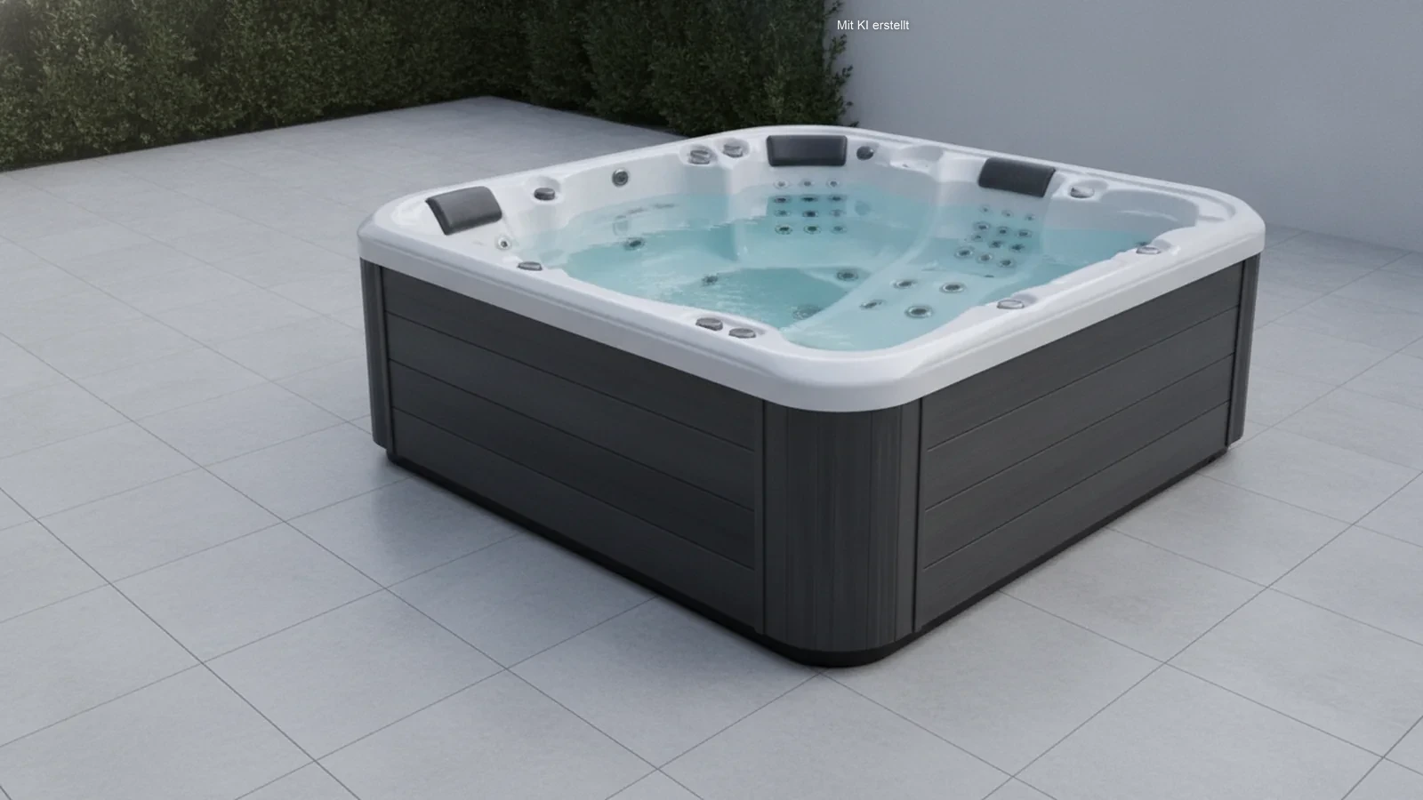 Fester Outdoor-Whirlpool mit anthrazitfarbener Verkleidung auf einer hellen Terrasse
