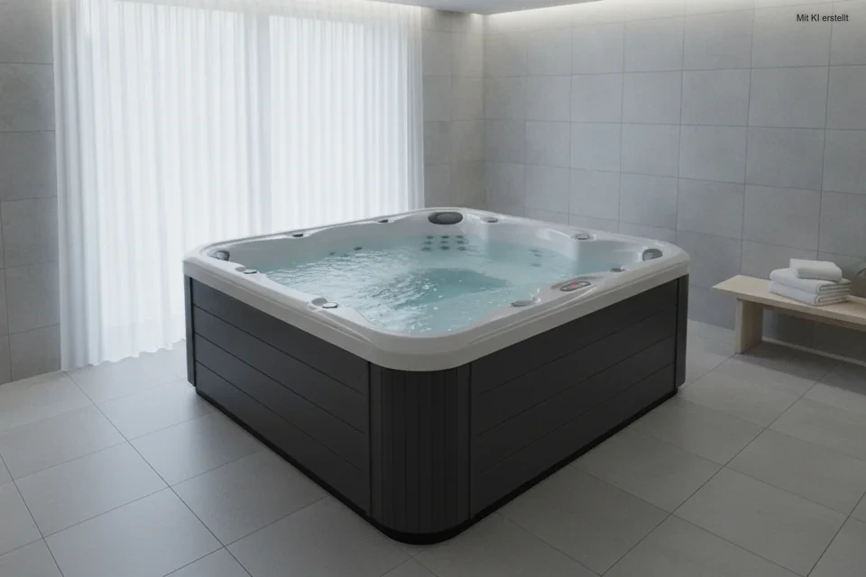 Whirlpool in einem hell gefliesten Innenraum mit Fenster und Handtuchbank