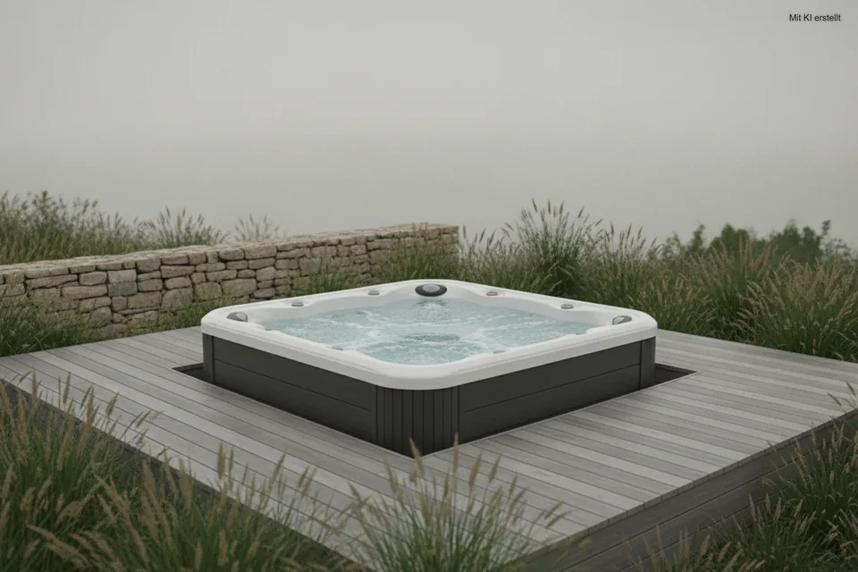 In ein Holzdeck eingelassener Whirlpool im Garten mit Natursteinmauer
