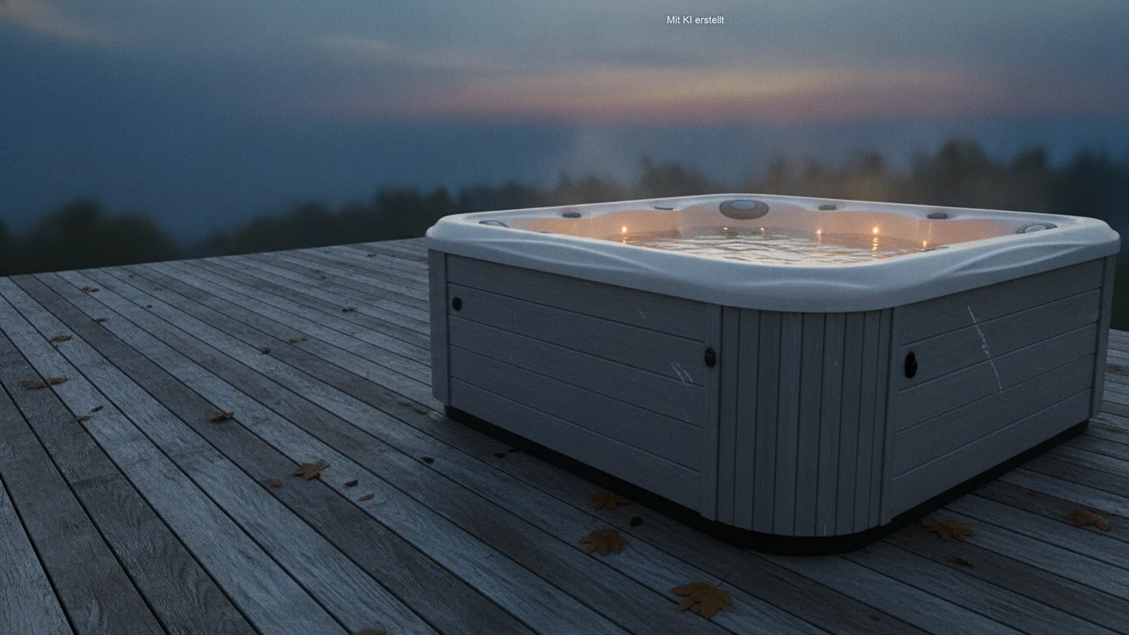 Outdoor-Whirlpool auf einer Holzterrasse in der Abenddämmerung