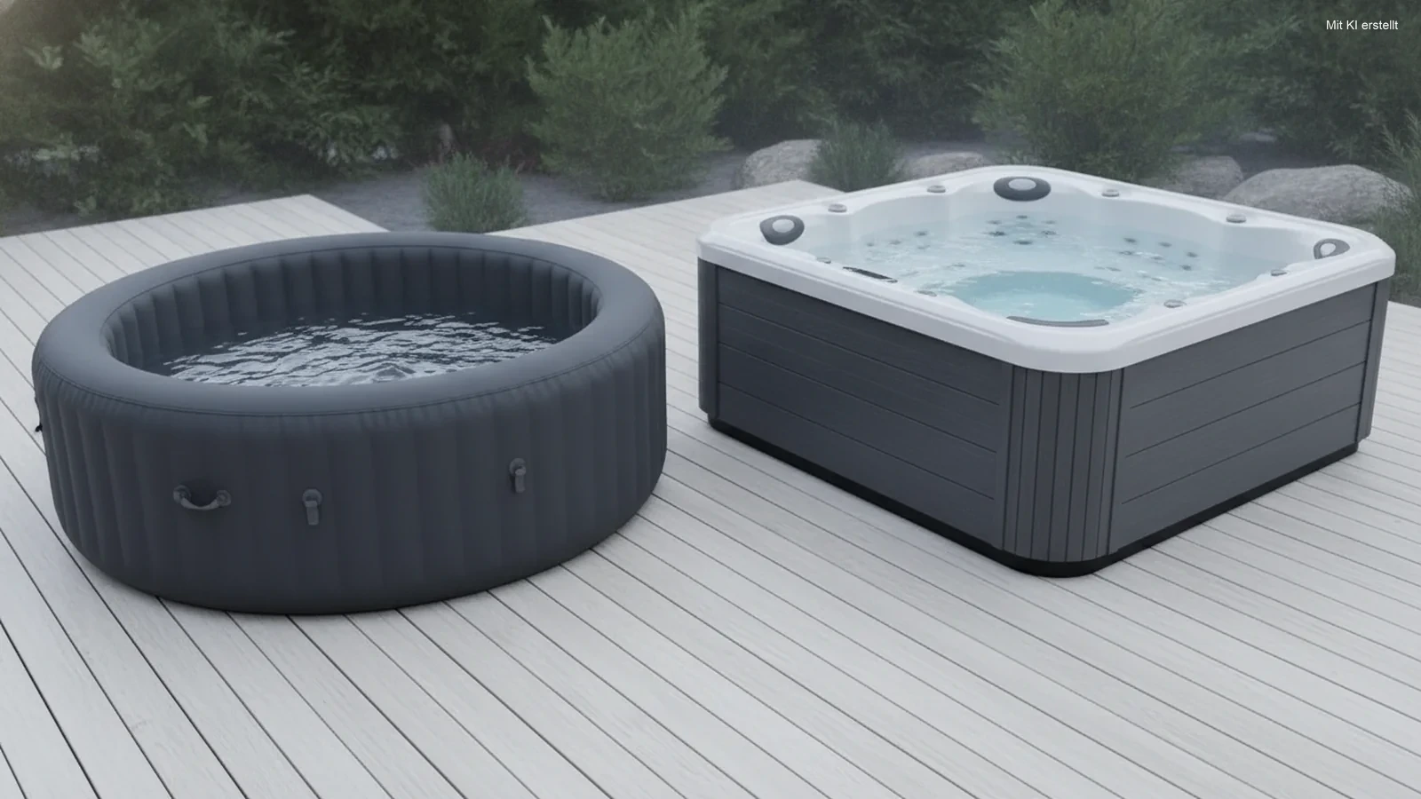 Runder aufblasbarer Whirlpool neben einem eckigen Whirlpool mit fester Acrylschale auf einem Holzdeck