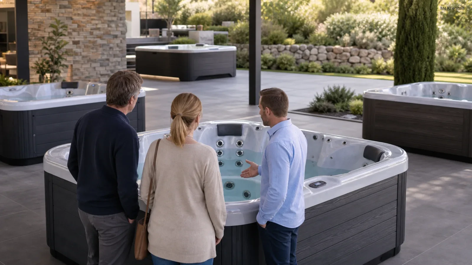 Paar vergleicht feste Outdoor-Whirlpools in einer Ausstellung
