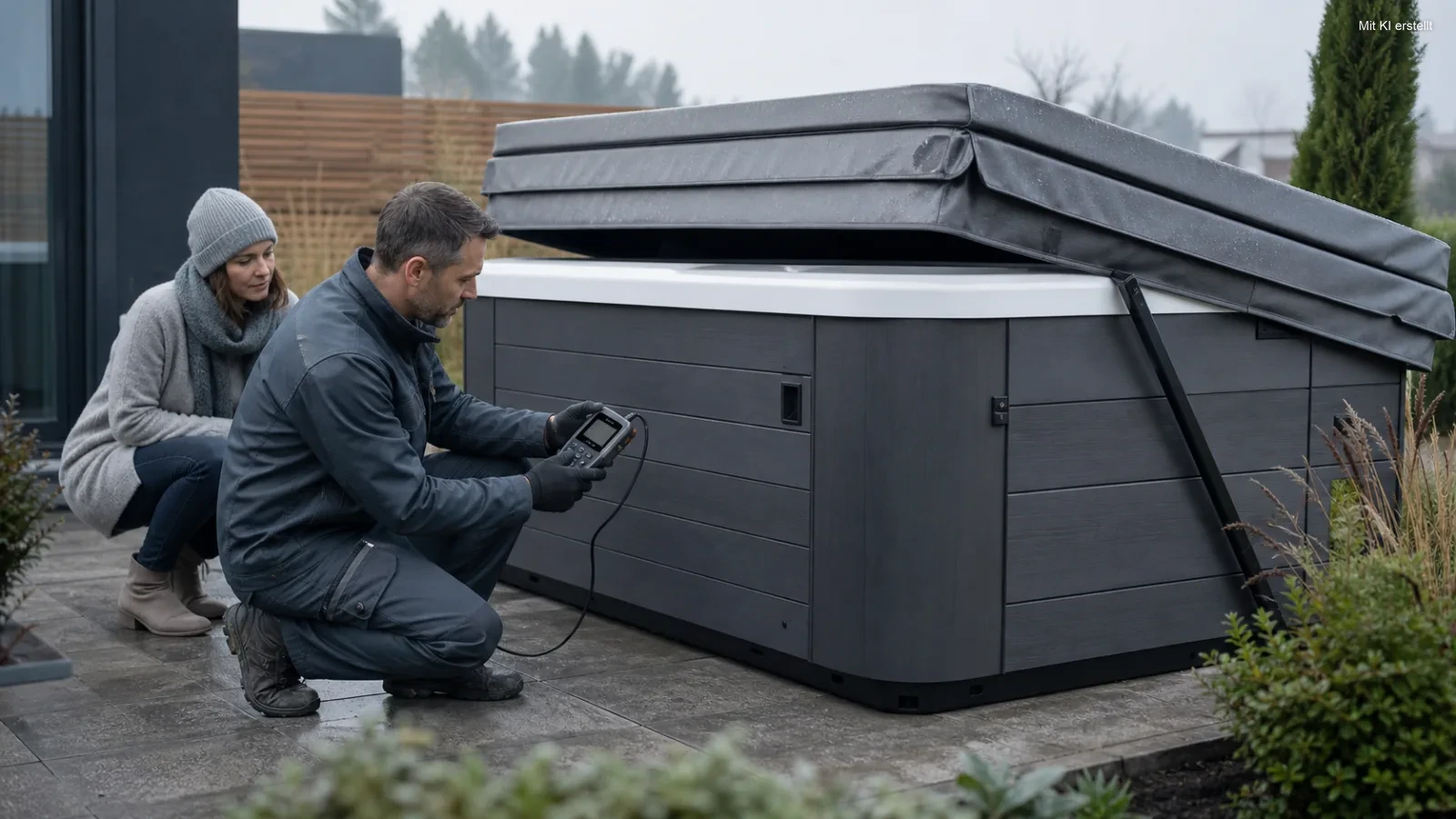 Techniker prüft den Energieverbrauch eines abgedeckten Outdoor-Whirlpools