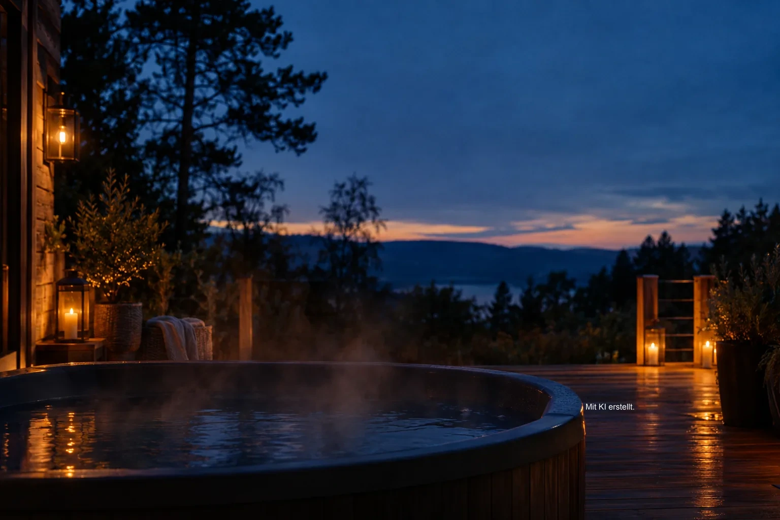 Holzterrasse am Abend, warmes Laternenlicht, aufsteigender Dampf über stiller Wasserfläche