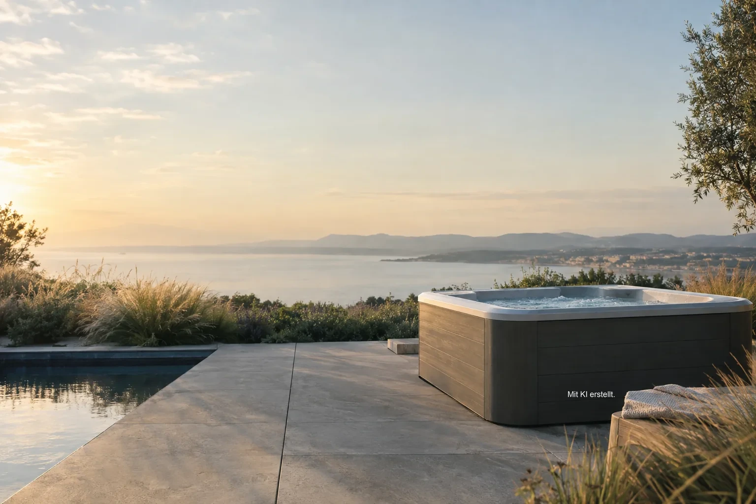 Moderne Gartenterrasse im späten Tageslicht mit eingelassenem Wasserbecken