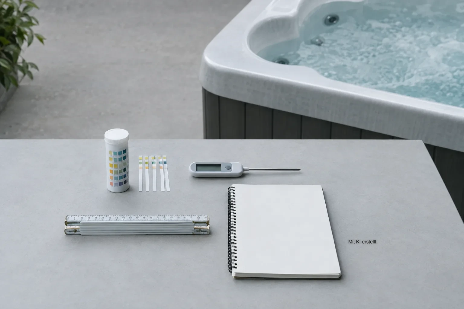 Sachliches Stillleben mit Wasserteststreifen, Thermometer und Zollstock auf hellem Tisch