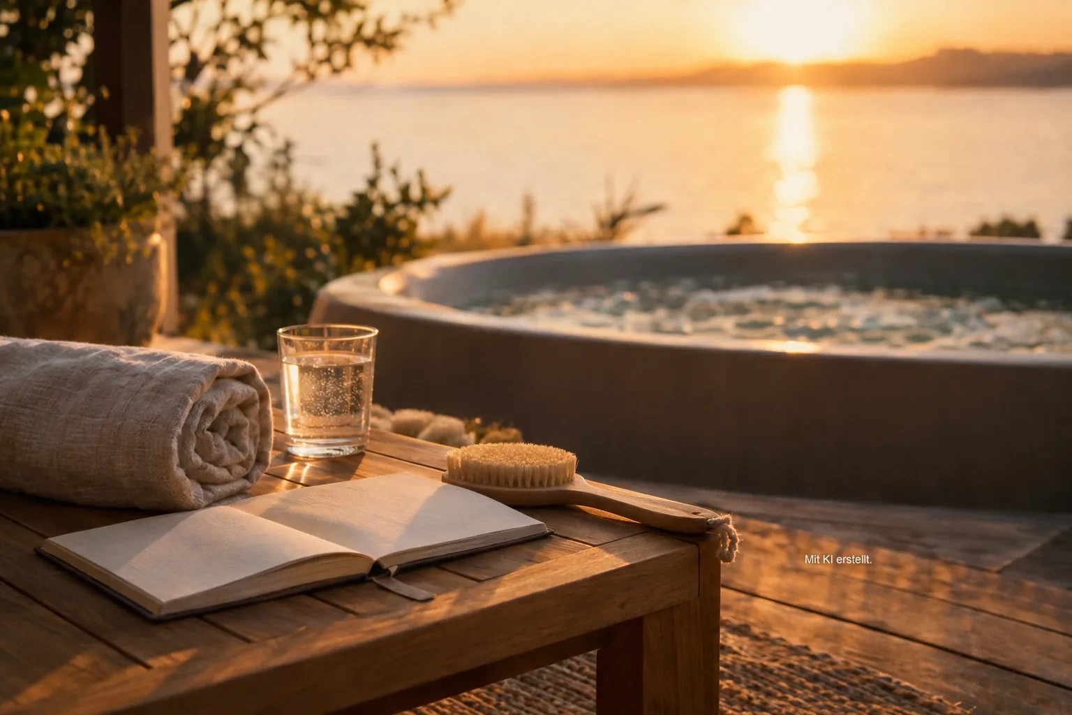 Gerolltes Leinentuch, Wasserglas und Notizbuch auf einem Teaktisch im Abendlicht