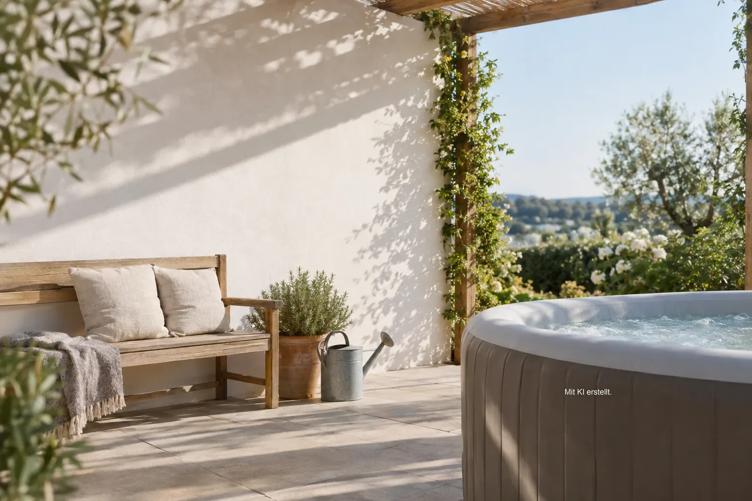 Helle Gartenterrasse am Morgen mit Holzbank, Leinenkissen und Pergola-Schatten