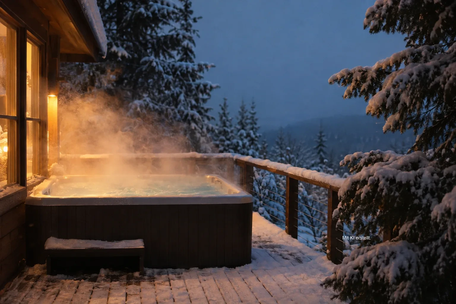 Winterabend mit Schnee auf der Holzterrasse und dichtem Dampf in der blauen Dämmerung