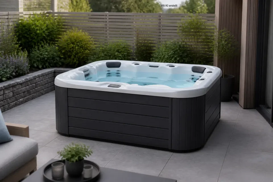 Solide ausgestatteter Whirlpool auf einer modernen Terrasse
