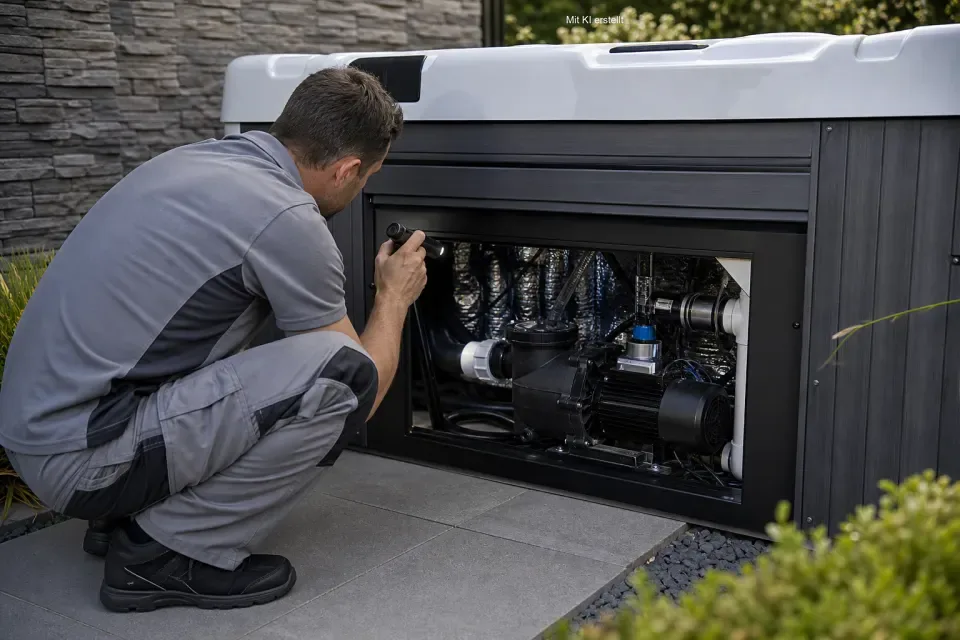 Servicetechniker prüft die Technik eines Whirlpools